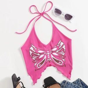 Hem butterfly print halter top